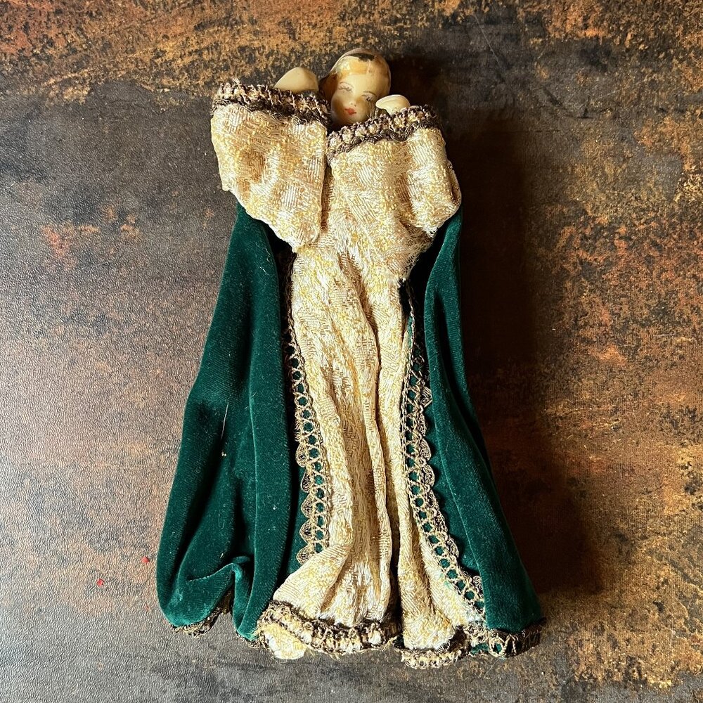 RARE Vtg Christmas Angel Tree Topper/Ornament in Green Velvet Robe & Gilded Gown
